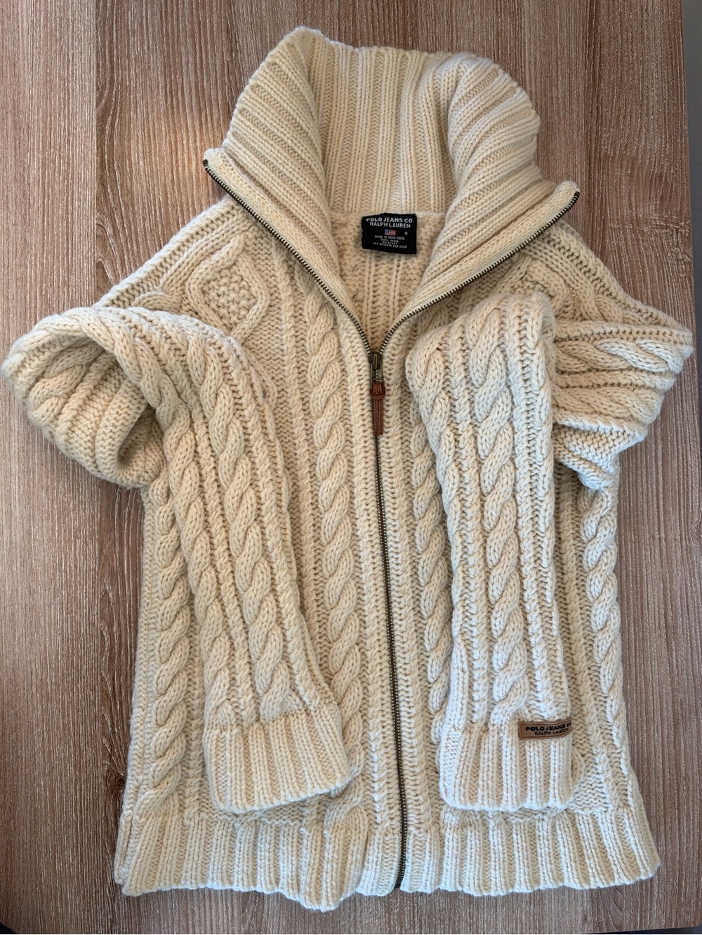 Vintage Y2K Polo Jeans Co Ralph Lauren Wool Cable Knit Zip Cardigan Sweater S